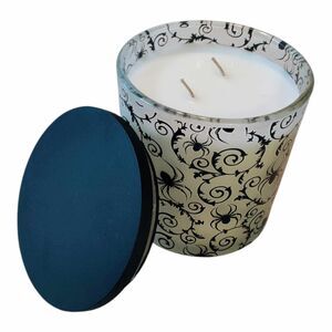 Large Candle Black Fig Scented Gothic Halloween Spiders Wooden Lid NEW 14Oz